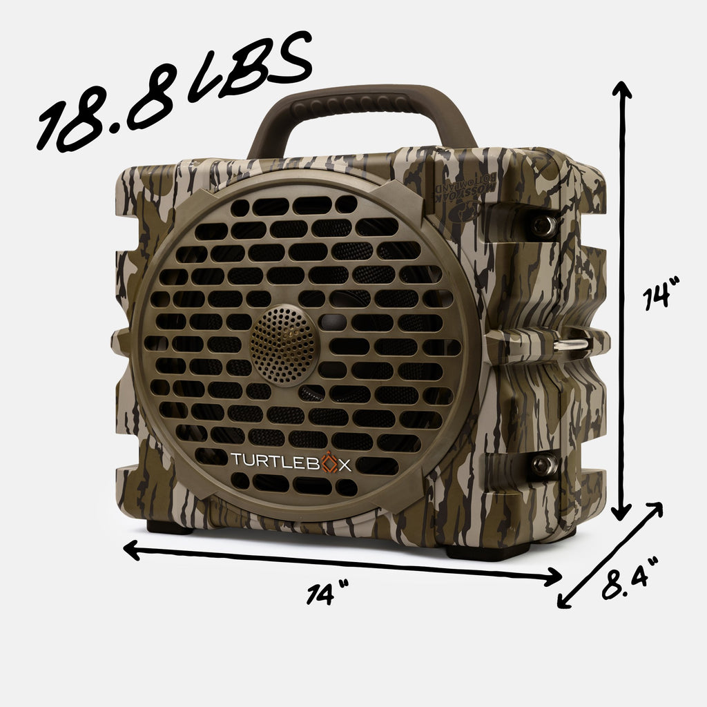 A camouflage-patterned portable speaker with a handle, shown with dimension arrows and text indicating 74 inches wide, 14 inches tall, 8.4 inches deep, 18.