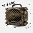 A camouflage-patterned portable speaker with a handle, shown with dimension arrows and text indicating 74 inches wide, 14 inches tall, 8.4 inches deep, 18.
