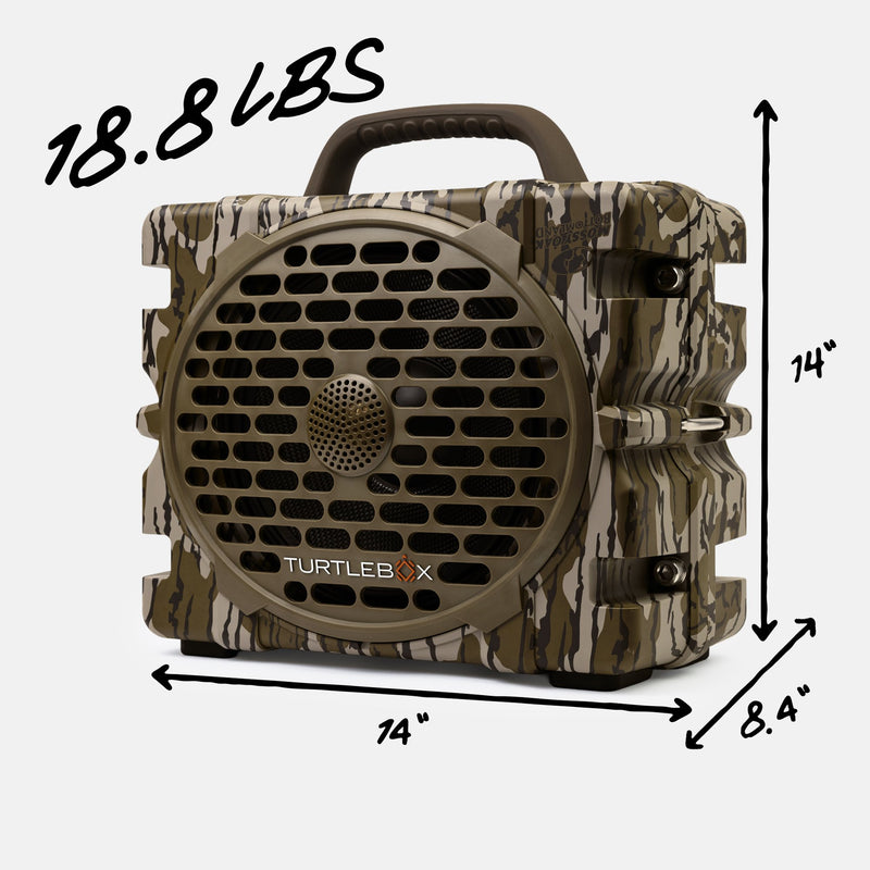A camouflage-patterned portable speaker with a handle, shown with dimension arrows and text indicating 74 inches wide, 14 inches tall, 8.4 inches deep, 18.