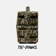 A camouflage-patterned game camera with a top-mounted lens and a metal ring for tie-down, shown against a light gray background with the text 'TIE-DOWNS' underneath.