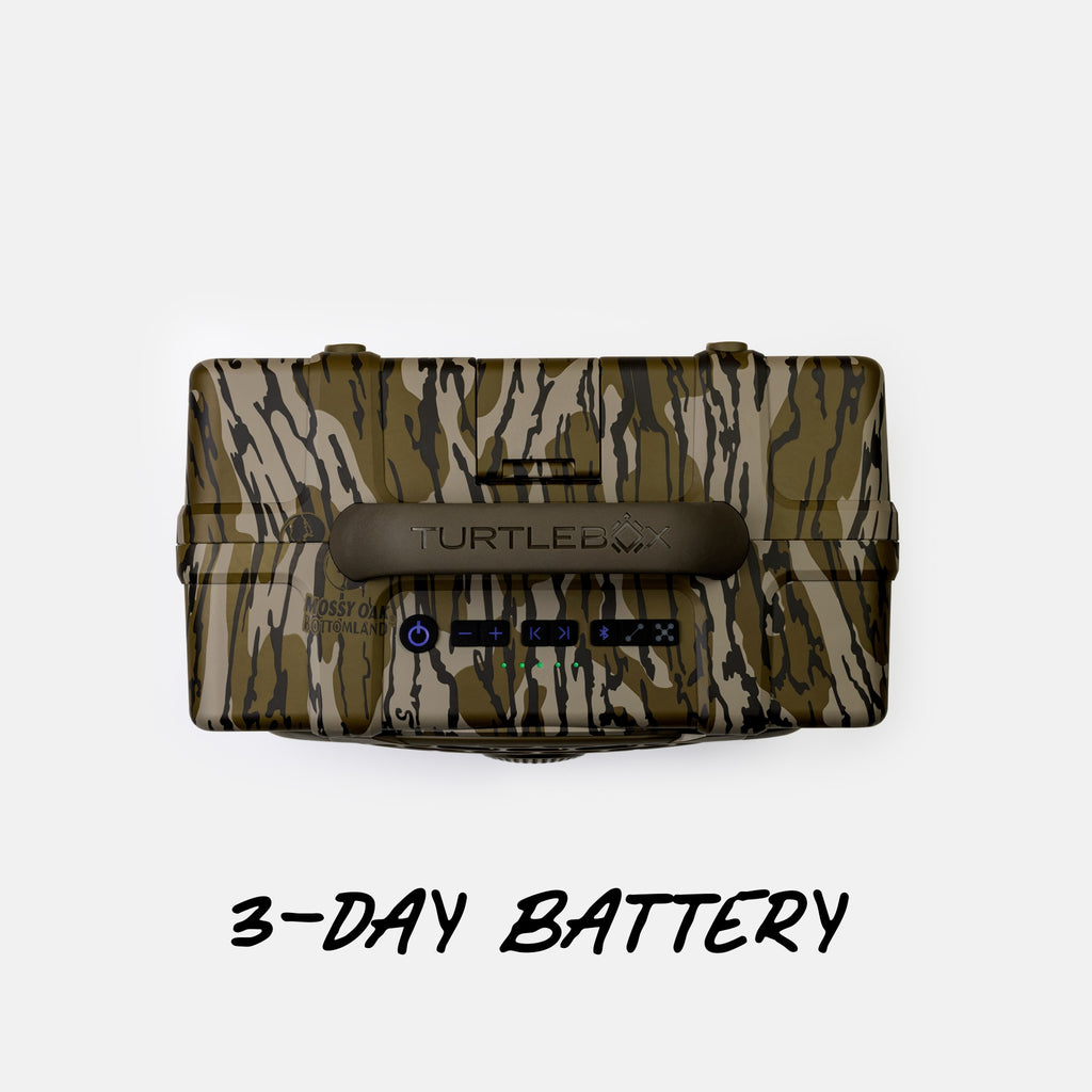 A camouflage-patterned TurtleBox 3-Day Battery power bank with a dark gray handlebar and front control buttons, shown on a light gray background with the text '3-DAY BATTERY' below.