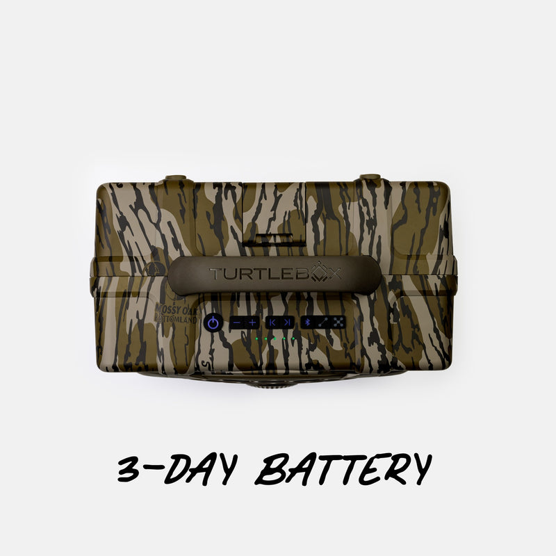 A camouflage-patterned TurtleBox 3-Day Battery power bank with a dark gray handlebar and front control buttons, shown on a light gray background with the text '3-DAY BATTERY' below.