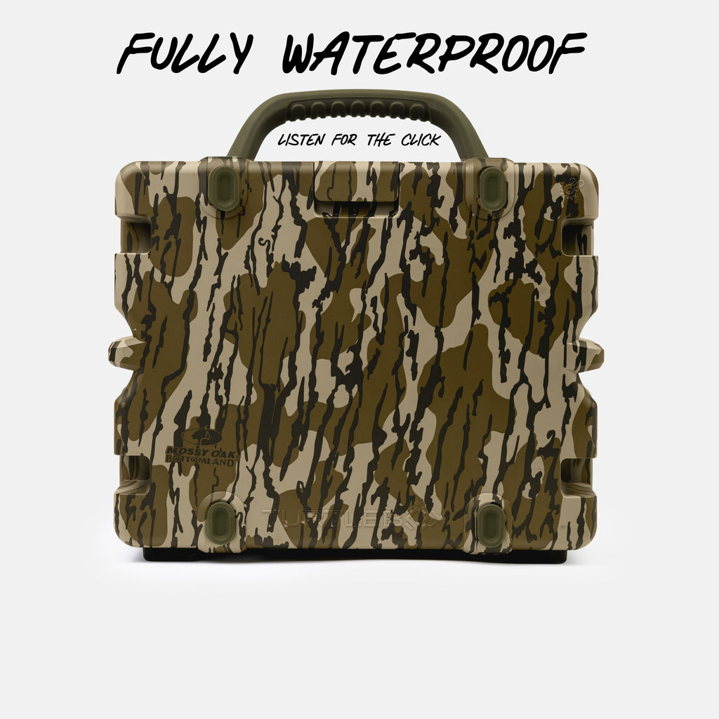 A rugged hard-shell case with a brown, beige, and black camouflage pattern, featuring a top handle and the text 'FULLY WATERPROOF' above it on a light gray background.