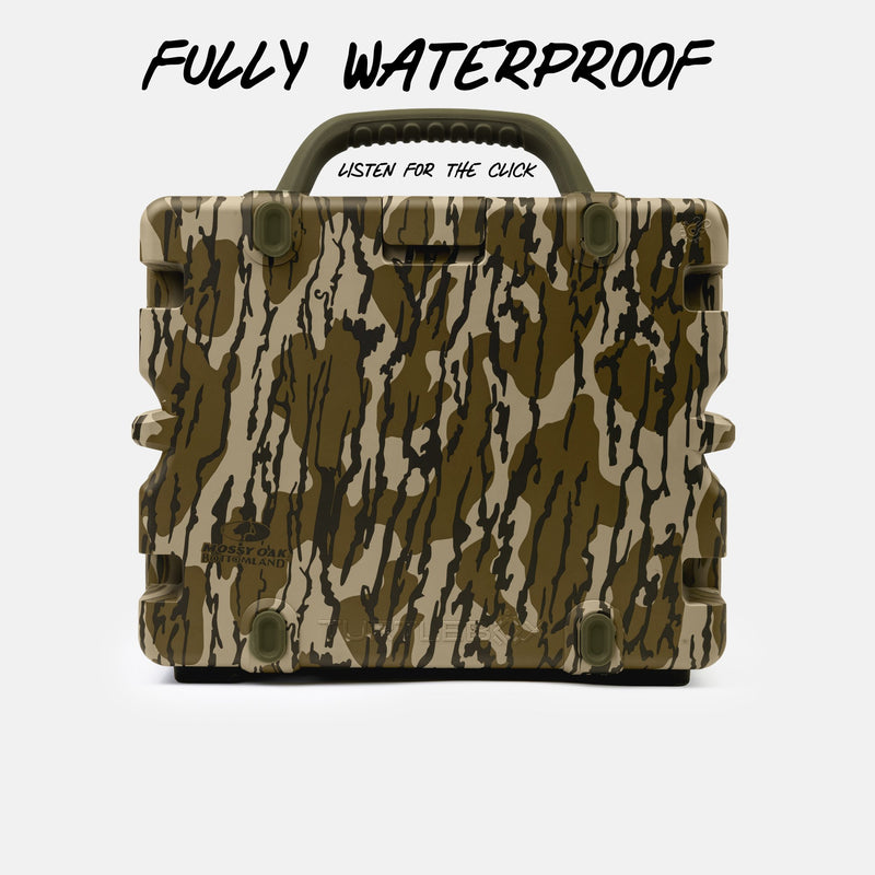 A rugged hard-shell case with a brown, beige, and black camouflage pattern, featuring a top handle and the text 'FULLY WATERPROOF' above it on a light gray background.