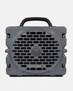 Gray portable speaker with a handle on a white background, featuring the TurtleBox brand.