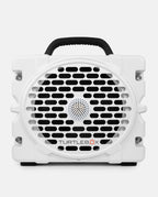 White portable speaker with black handle and grille on a white background