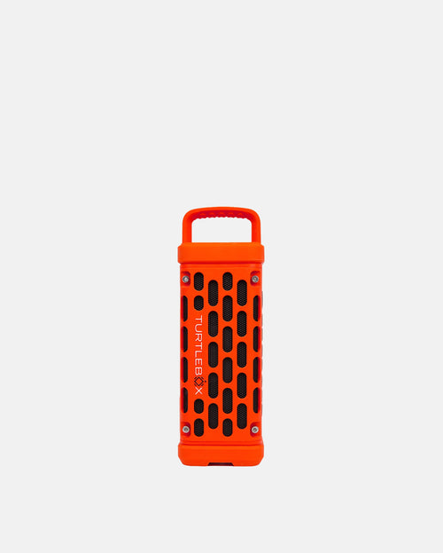 Orange portable device with handle on a white background