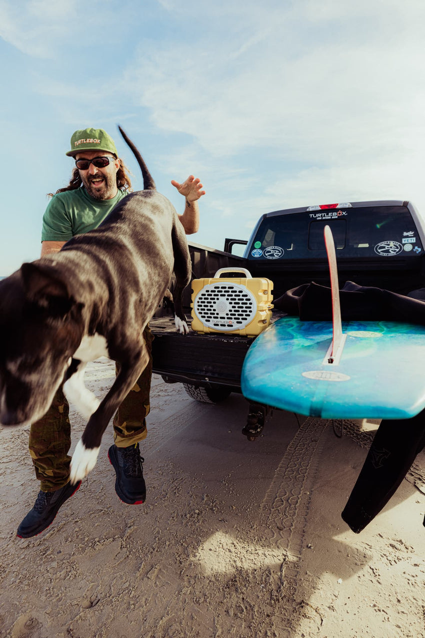 Man with a dog by a truck with a surfboard on a beach