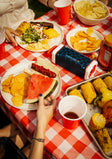 A lifestyle photo of an outdoor picnic scene with food and a portable speaker on a checkered tablecloth #base-color_americana-blue
