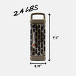 A portable cylindrical speaker with a camouflage pattern and black vent holes, shown with dimension lines indicating 9.5 inches tall, 3.
