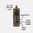 A cylindrical portable Bluetooth speaker with a brown and black camouflage pattern, shown with hand-drawn callouts and text highlighting its features: 'ALL DAY BATTERY LIFE', 'BLUETOOTH', '2-BOX STEREO PAIRING', and 'PARTY MODE'.