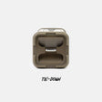 A top-down view of a square outdoor storage container lid in a muted olive-tan color, featuring a central tie-down loop and the text 'TIE-DOWN' printed below on a light gray background.