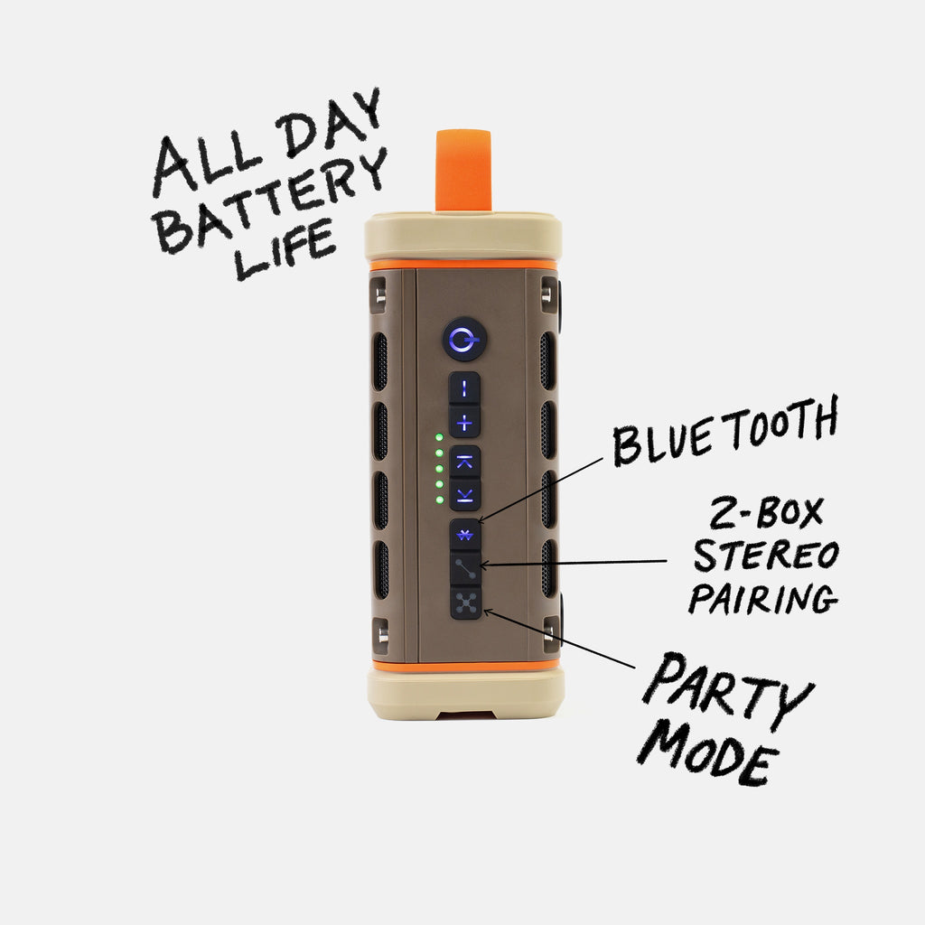 Studio shot of a Delta Ranger speaker control panel calling out the features of All Day Battery Life, Bluetooth, 2-Box Stereo Pairing and Party Mode. #base-color_delta