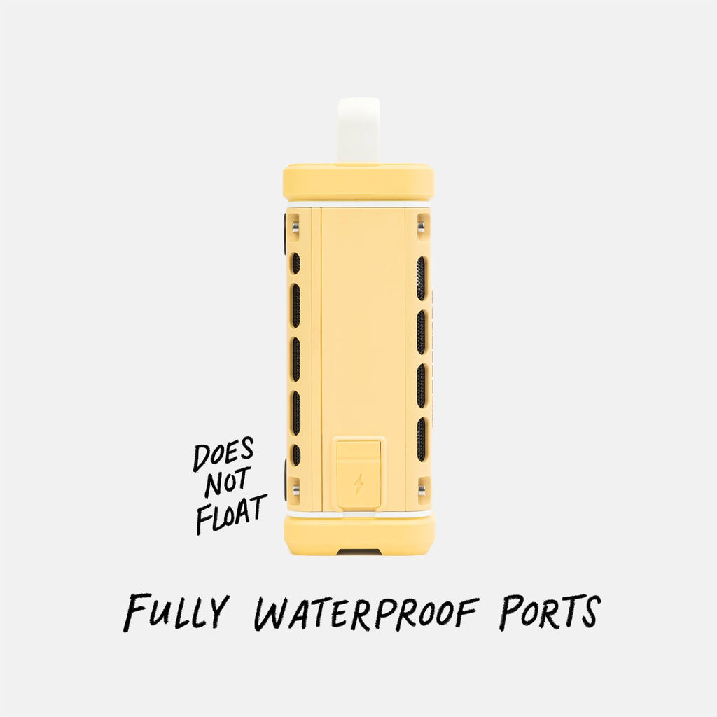 Yellow electronic device with text 'Does Not Float' and 'Fully Waterproof Ports' on a white background #base-color_fighting-lady-yellow
