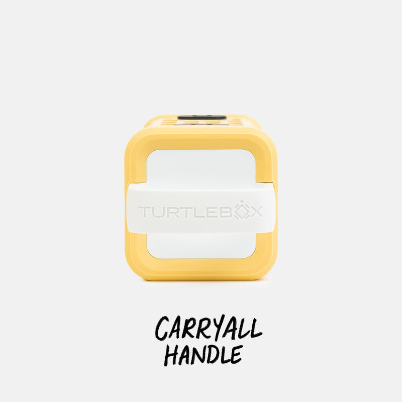 Yellow and white carrying handle with 'TurtleBox' branding on a white background #base-color_fighting-lady-yellow