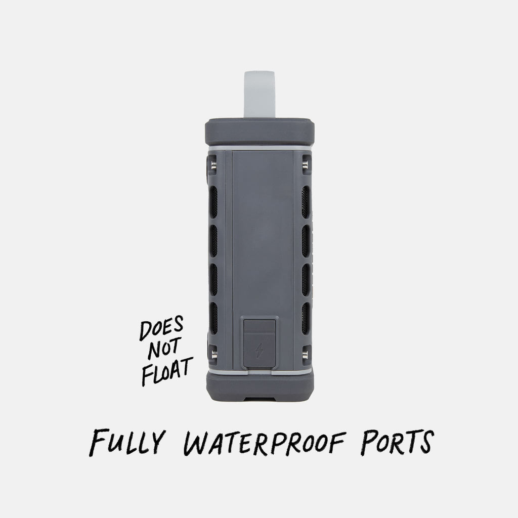 Studio shot of a Gray Ranger speaker calling out  the speaker does not float but does have fully waterproof ports. #base-color_gray