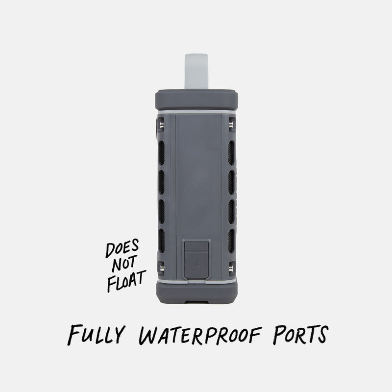 Studio shot of a Gray Ranger speaker calling out  the speaker does not float but does have fully waterproof ports. #base-color_gray