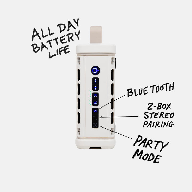 Studio shot of an Ivory Ranger speaker control panel calling out the features of All Day Battery Life, Bluetooth, 2-Box Stereo Pairing and Party Mode.  #base-color_ivory