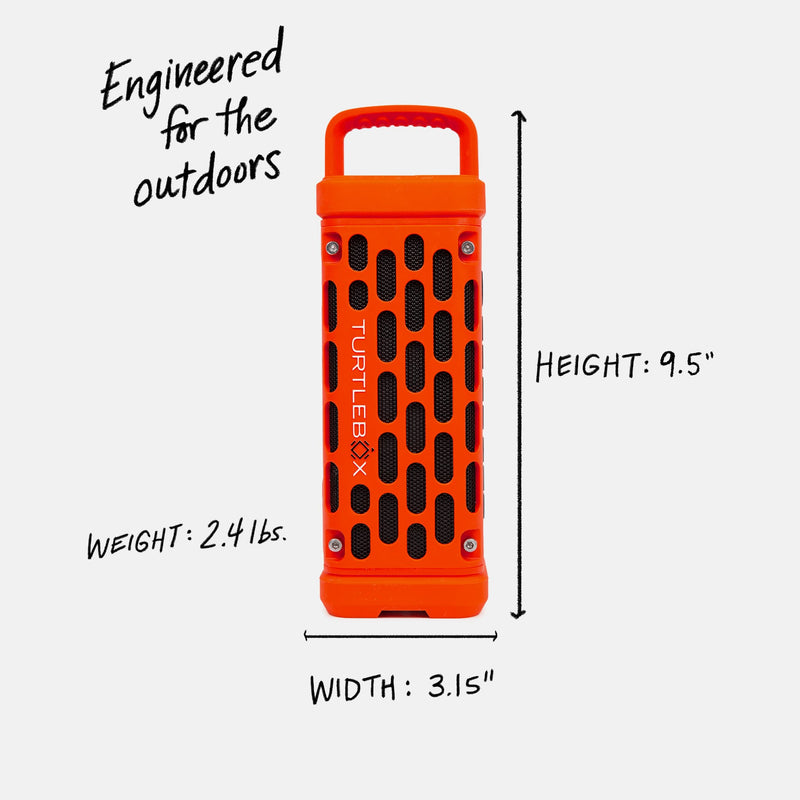 Studio shot of a Ranger in Orange showing the speaker is engineered for the outdoors with a weight of 2.4 pounds, width of 3.15 inches and heigh of 8.05 inches. #base-color_orange