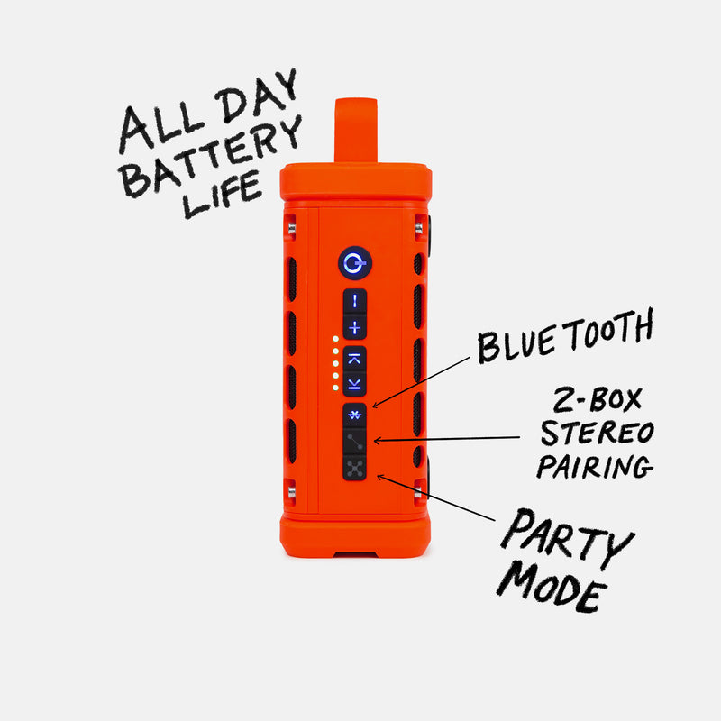Studio shot of a Orange Ranger speaker control panel calling out the features of All Day Battery Life, Bluetooth, 2-Box Stereo Pairing and Party Mode. #base-color_orange