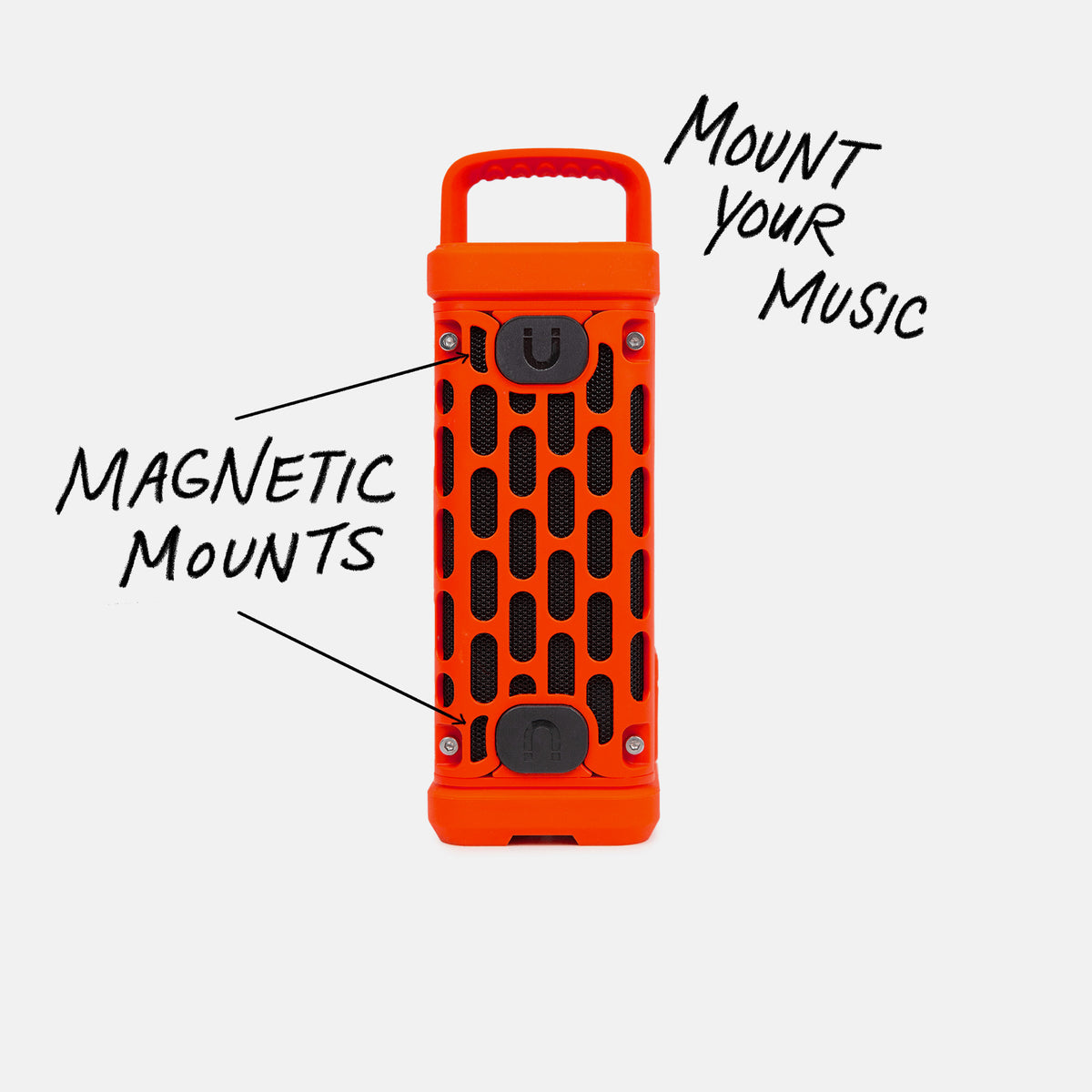 Studio shot of a Orange Ranger speaker calling out Mount your Music and showcasing the magnetic mounts. #base-color_orange