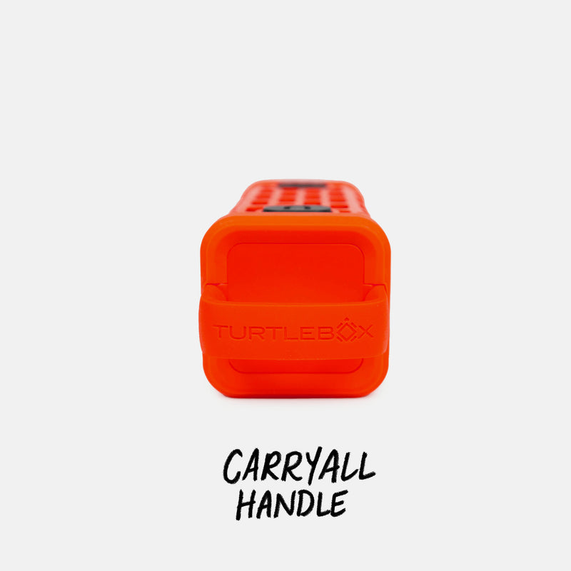 Studio top shot of a Ranger in Orange color with a label that says Carryall Handle  #base-color_orange
