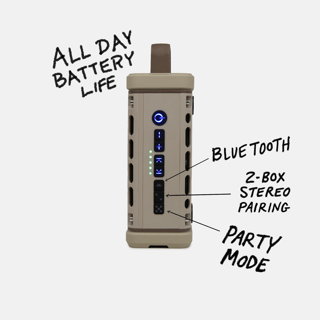 Studio shot of a Tan Ranger speaker control panel calling out the features of All Day Battery Life, Bluetooth, 2-Box Stereo Pairing and Party Mode.  #base-color_tan