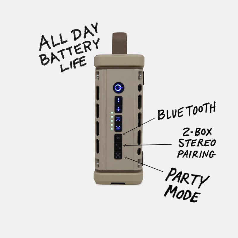 Studio shot of a Tan Ranger speaker control panel calling out the features of All Day Battery Life, Bluetooth, 2-Box Stereo Pairing and Party Mode.  #base-color_tan