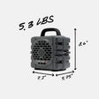 Gray portable speaker with measurements and weight label on a white background #base-color_gray