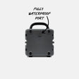 Gray waterproof portable speaker with text indicating a fully waterproof port on a white background #base-color_gray