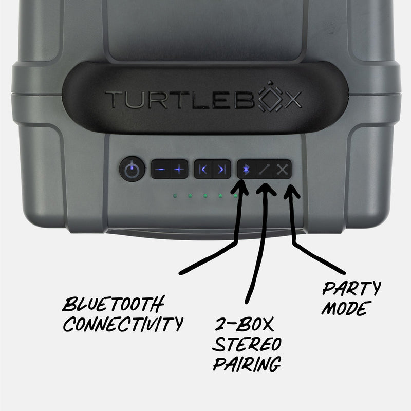 Turtlebox speaker with control buttons labeled on a white background #base-color_gray