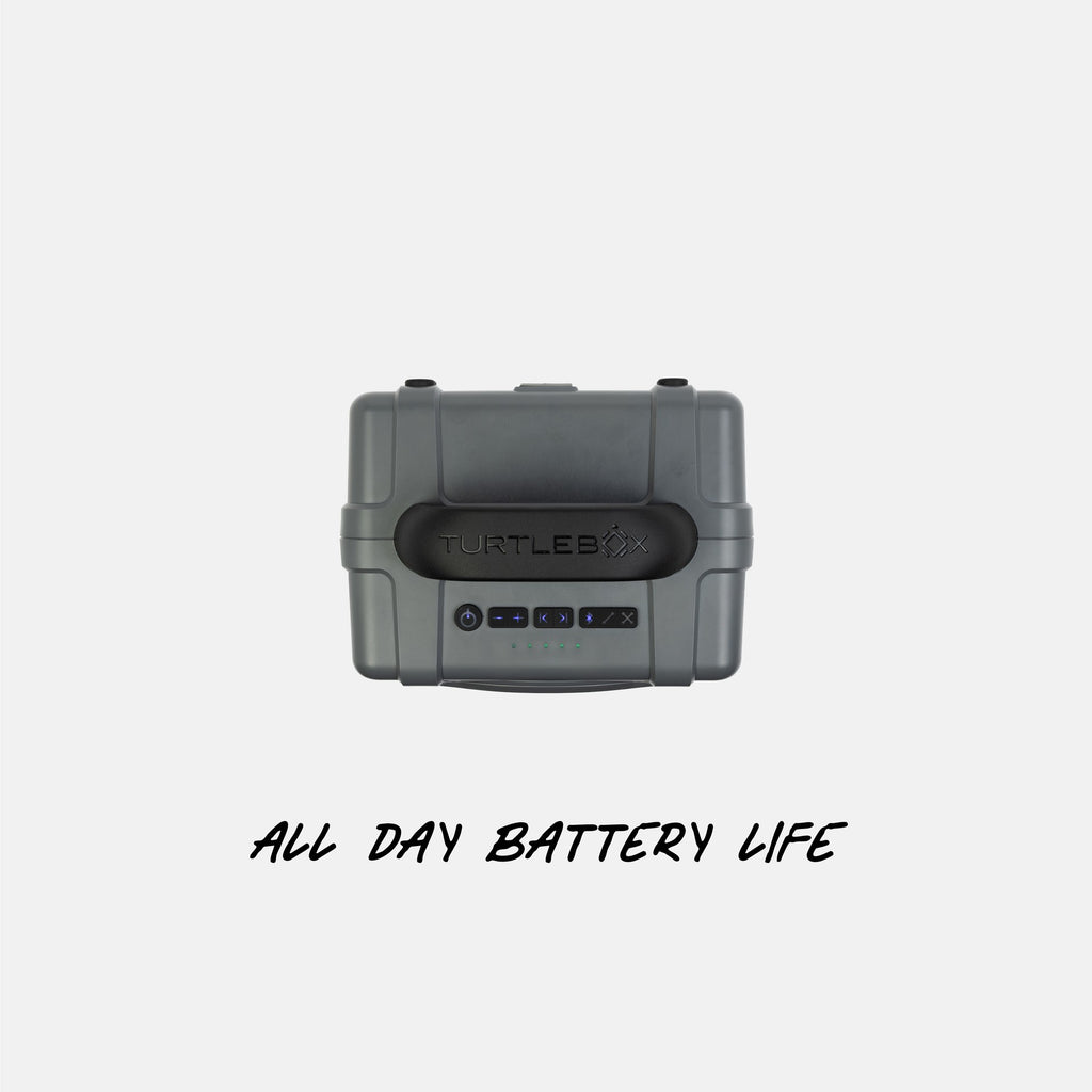 Turtlebox speaker on a white background with text 'All Day Battery Life'. #base-color_gray