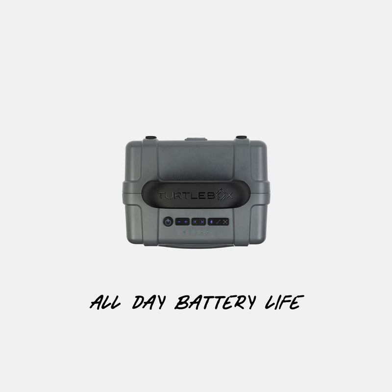 Turtlebox speaker on a white background with text 'All Day Battery Life'. #base-color_gray