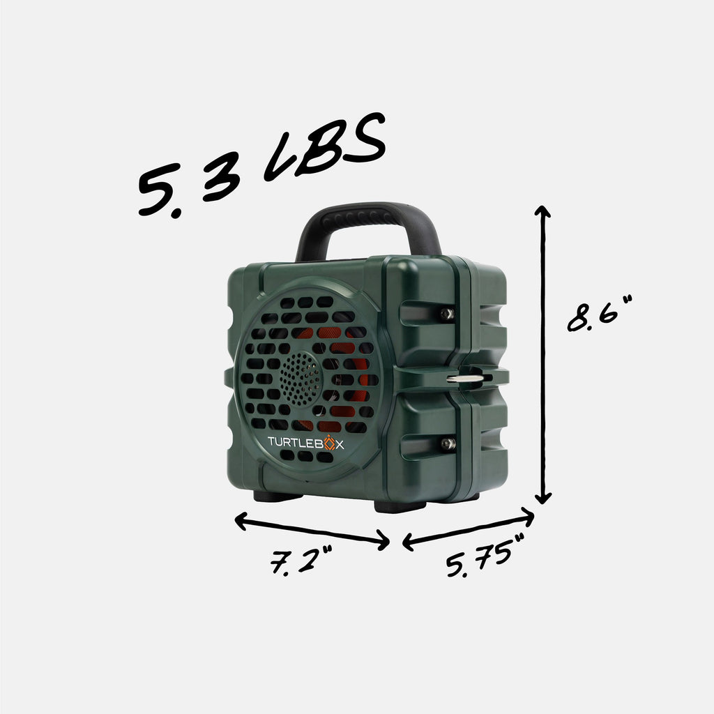 Green portable speaker with dimensions and weight label on a white background #base-color_green