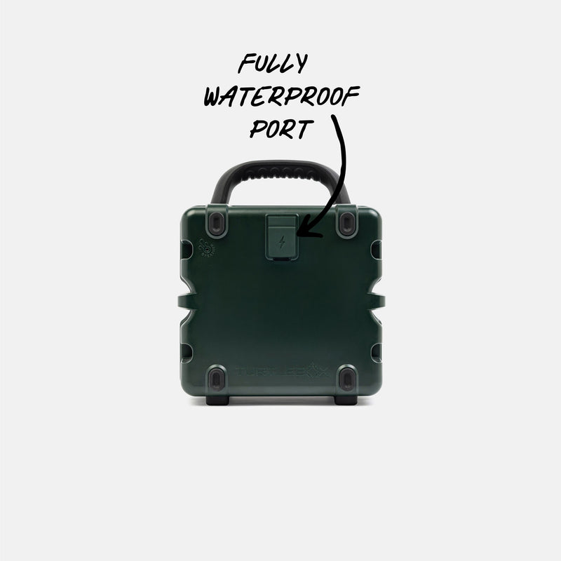 Green portable case with 'Fully Waterproof Port' text on a white background #base-color_green