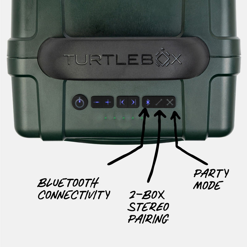 TurtleBox device with control buttons labeled on a white background #base-color_green