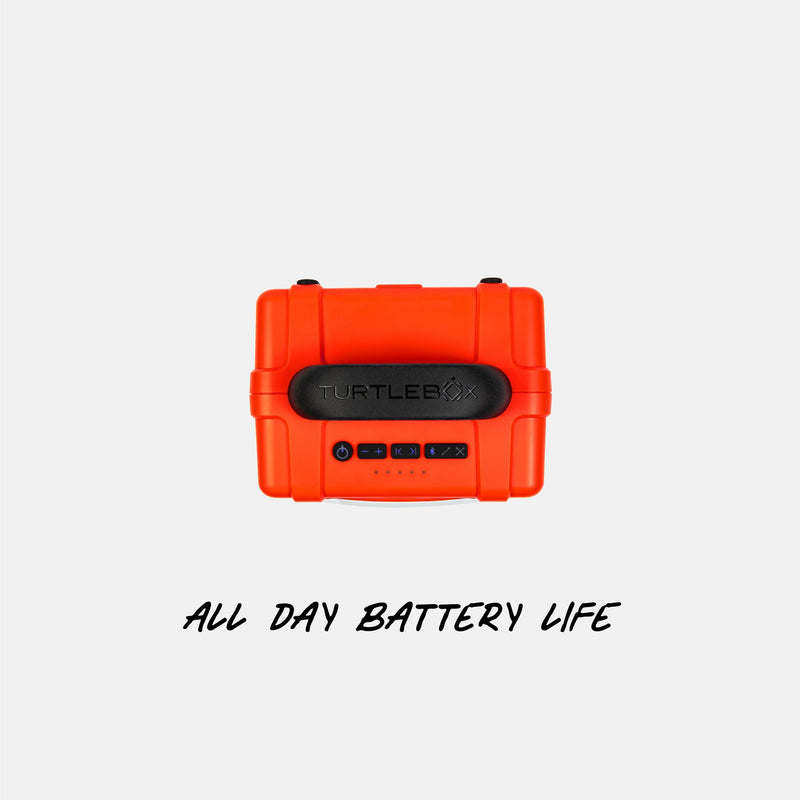 Orange battery pack with 'Turtleback' branding on a white background, featuring text 'All Day Battery Life'. #base-color_orange