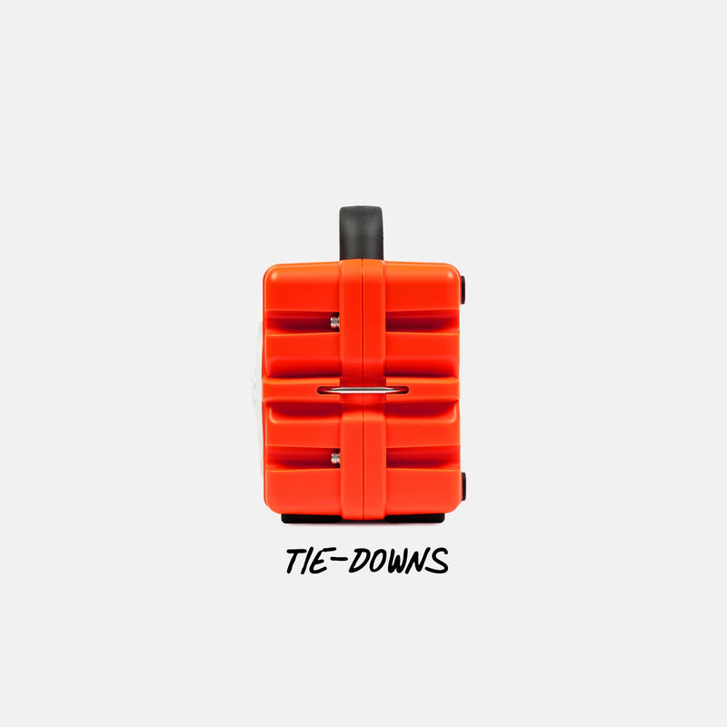 Orange tool organizer with black accents on a white background, labeled 'Tie-Downs'. #base-color_orange