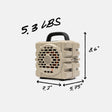 Tan portable speaker with measurements and weight on a white background #base-color_tan