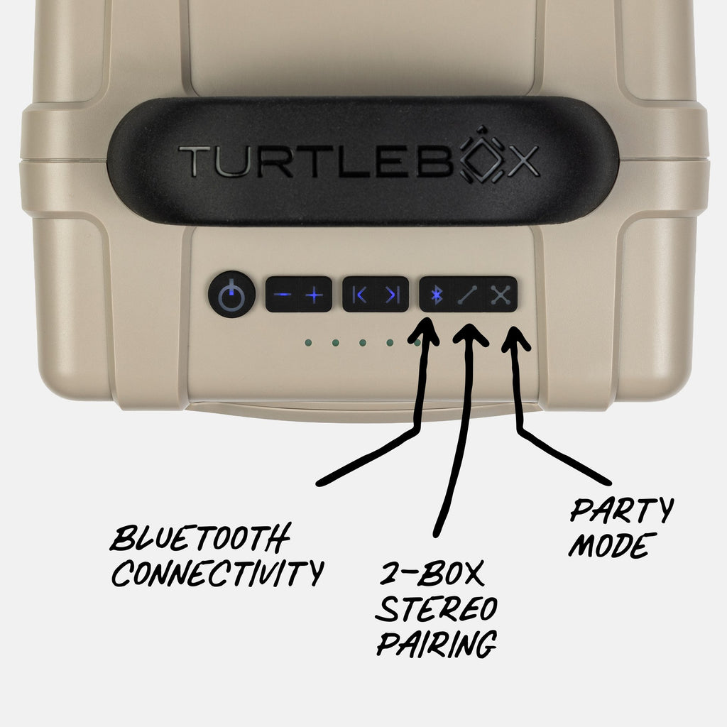 Turtlebox tan speaker with control buttons and labels on a white background #base-color_tan