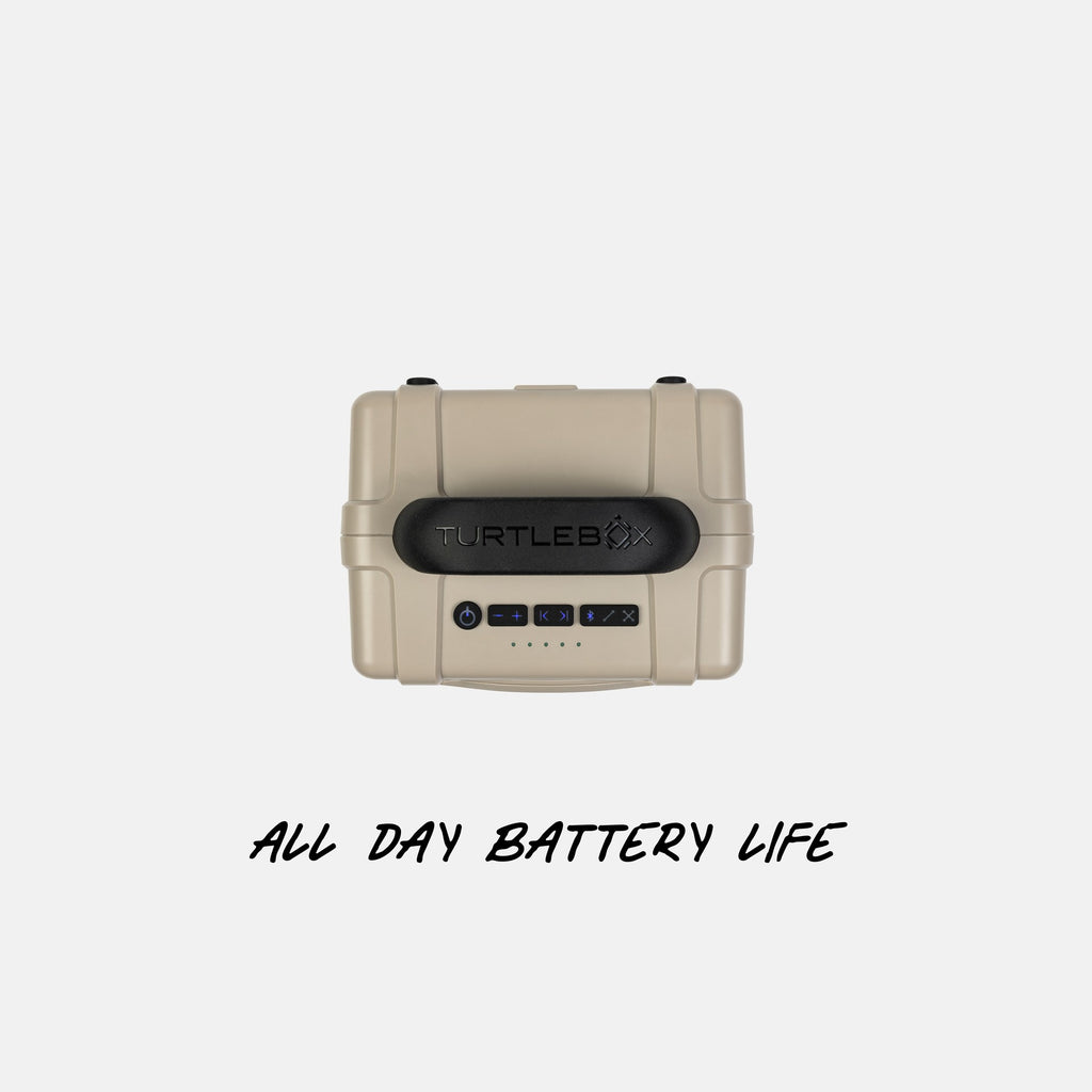 Turtlebox speaker on a white background with 'All Day Battery Life' text. #base-color_tan
