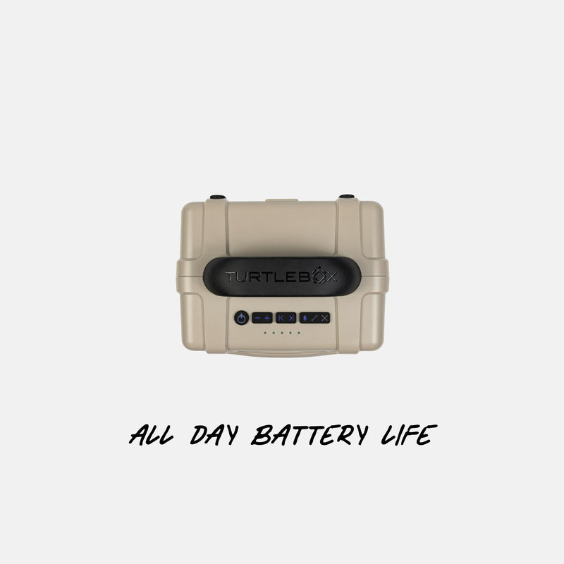 Turtlebox speaker on a white background with 'All Day Battery Life' text. #base-color_tan