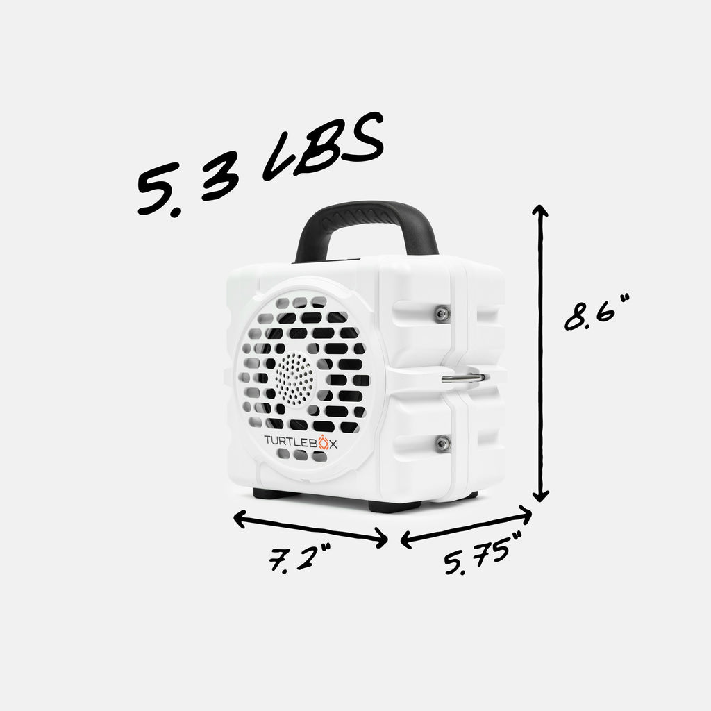 White portable device with dimensions and weight label on a white background #base-color_white
