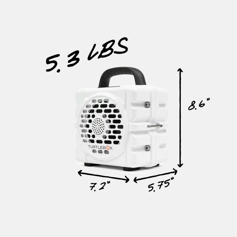 White portable device with dimensions and weight label on a white background #base-color_white