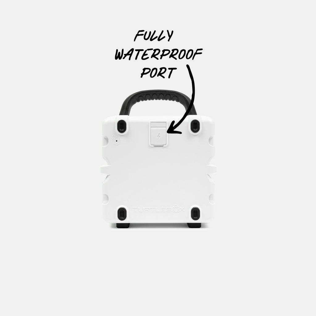 White suitcase with black handle and wheels on a white background, labeled 'Fully Waterproof Port'. #base-color_white