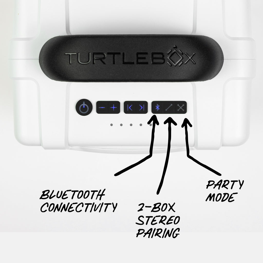 Turtlebox device with control buttons labeled on a white background #base-color_white
