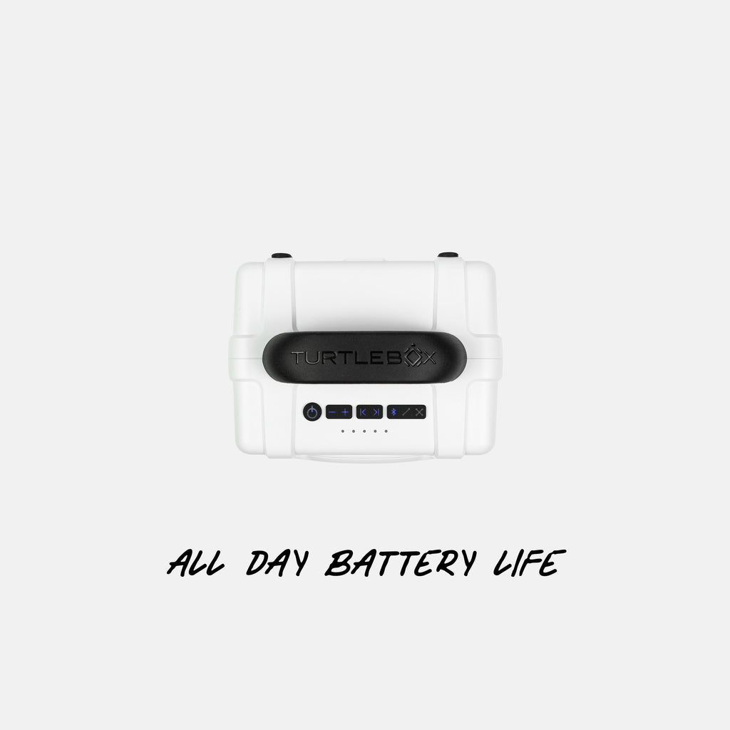 White electronic device with 'Turtle Beach' branding on a white background, featuring text 'All Day Battery Life'. #base-color_white