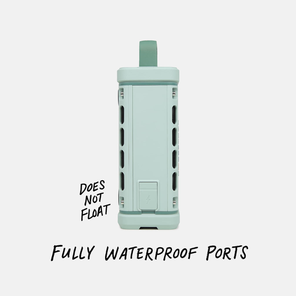 Studio shot of a River Rock Ranger speaker calling out  the speaker does not float but does have fully waterproof ports. #base-color_river-rock