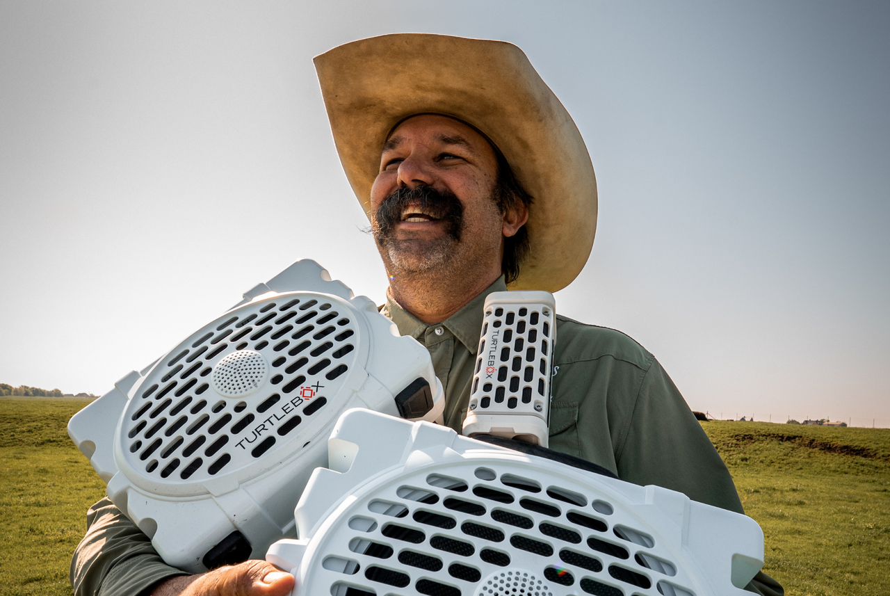 Evan Tate with his Turtlebox speakers 