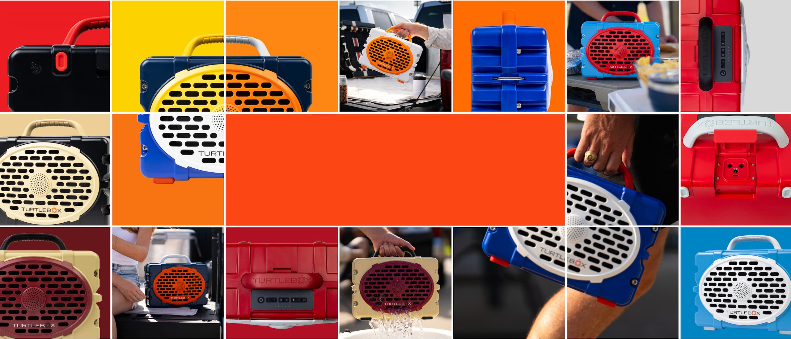 A collage of multiple product photos showing portable handheld fans in several colors including red, blue, yellow, and black, with some images showing people holding them in use.